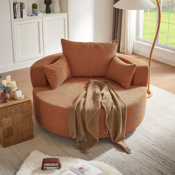 CASEMIOL 360° Swivel Accent Chair for Living Room, Modern Accent Chairs with 3 Removable Pillows, Round Barrel Sofa Chair with 36.5" Seat Depth, Comfy Reading Chair, Orange Red