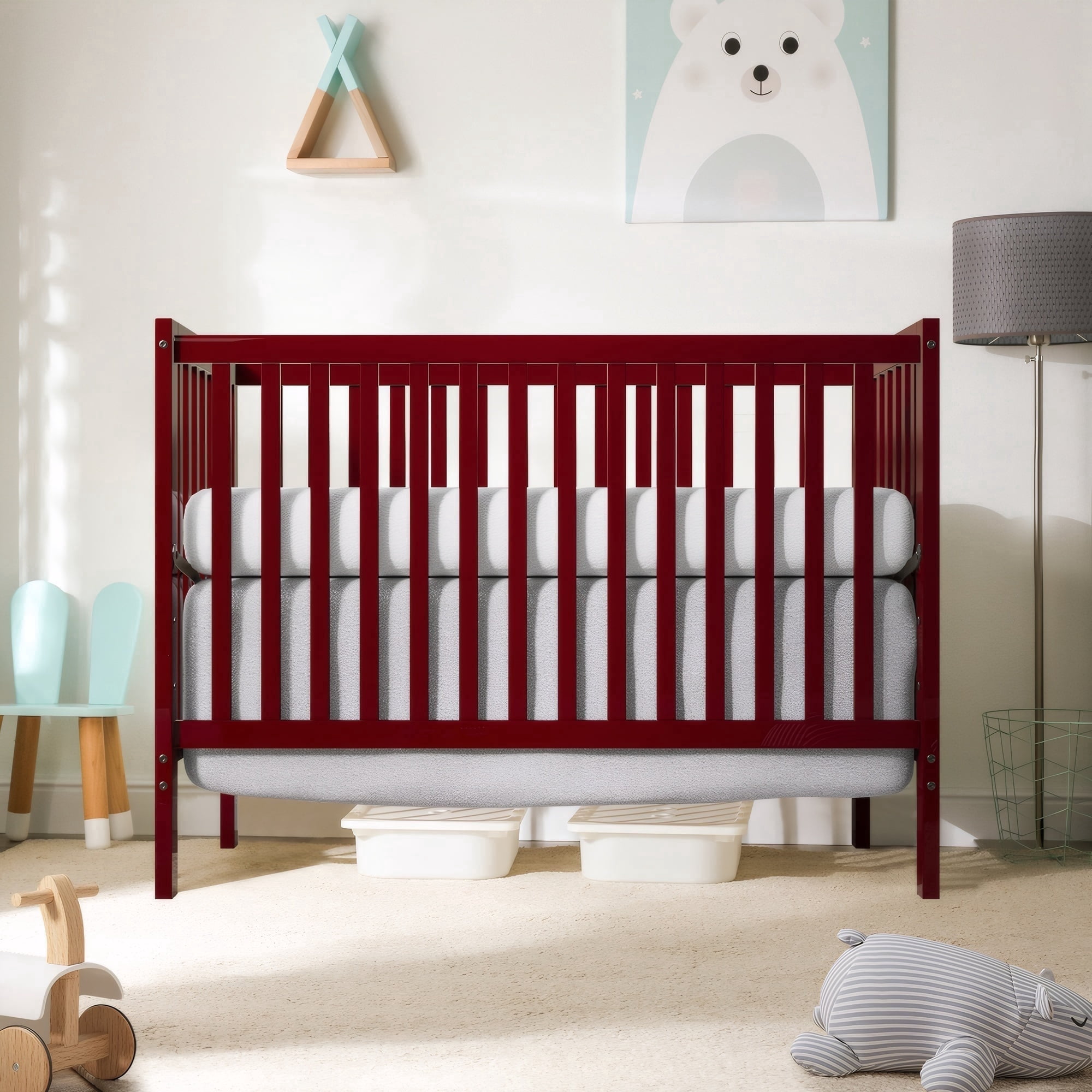 Baby Convertible Crib 5-In-1, New Zealand Pinewood Baby Bed, Crib With 3 Height Adjustment, Non-Toxic Finish, No Conversion Kit Included, Cherry