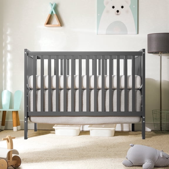 Baby Convertible Crib 5-In-1, New Zealand Pinewood Baby Bed, Crib With 3 Height Adjustment, Non-Toxic Finish, No Conversion Kit Included, Gray