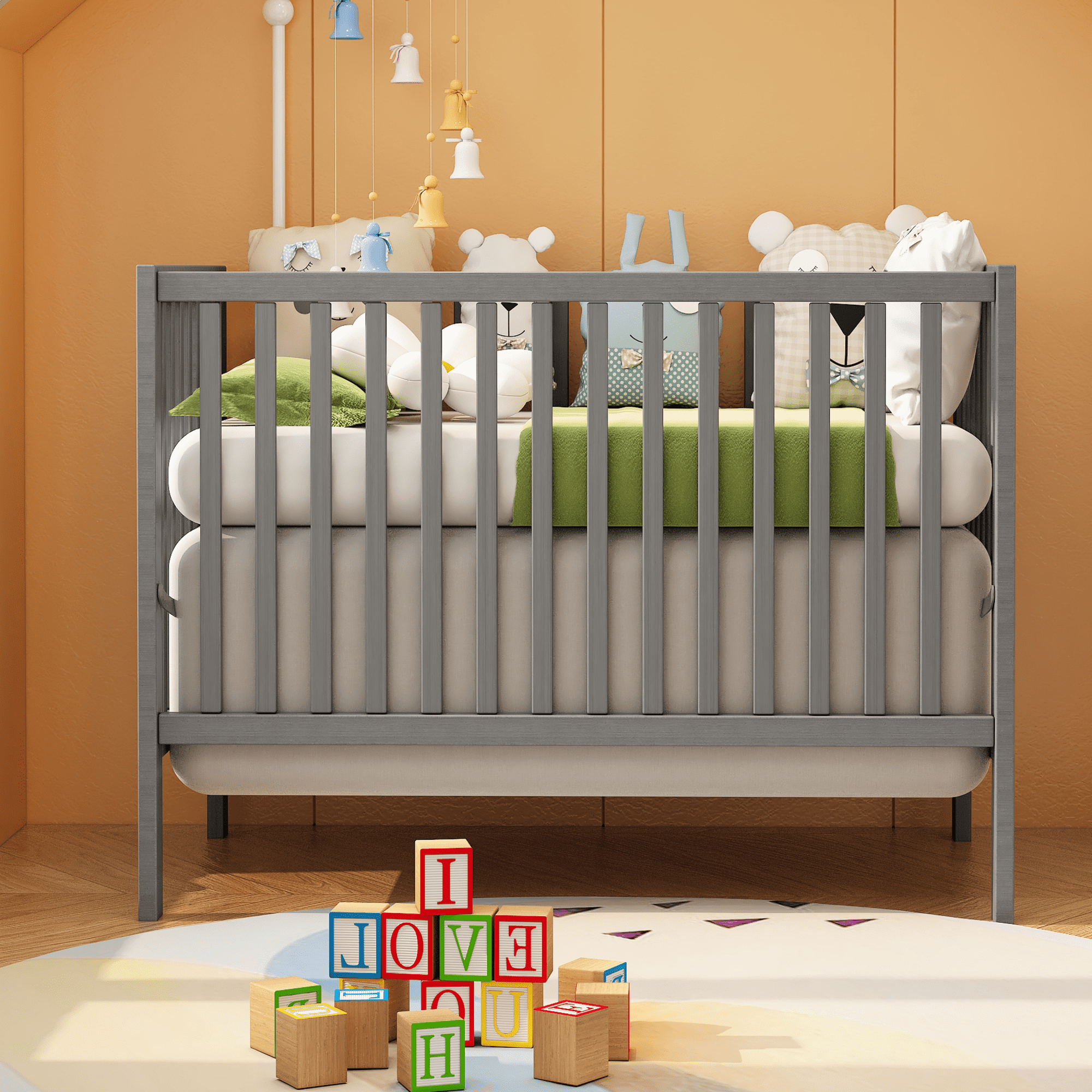 CASEMIOL 5In1 Convertible Crib, New Zealand Pinewood Baby Bed,Baby