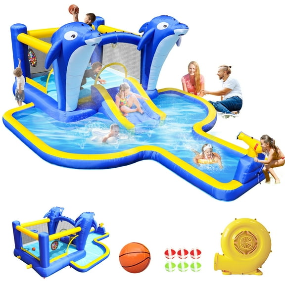 CASEMIOL 8 in 1 Inflatable Water Slide for Kids Backyard, Bounce House with Blower for Big Kids, Outdoor Water Park Trampoline with Dolphin Sprinkler, Splash Pool, Target Games, Water Gun