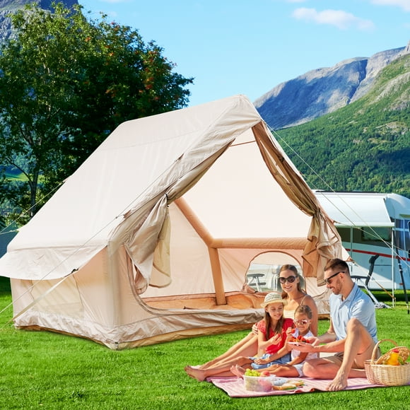 CASEMIOL 9.8 x 6.6 ft Inflatable Camping Tent with Pump, 4-6 Person Glamping Tent, 4-Season Waterproof Family Cabin Tent, Easy Setup Outdoor Tents for Camping with 12 Mesh Windows, Khaki