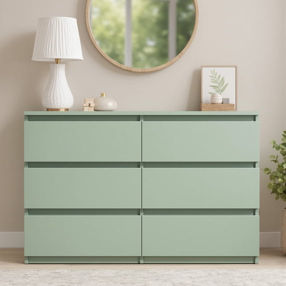 CASEMIOL Farmhouse Green Wood Dresser, 6 Drawer Wide Storage Chest for Bedroom