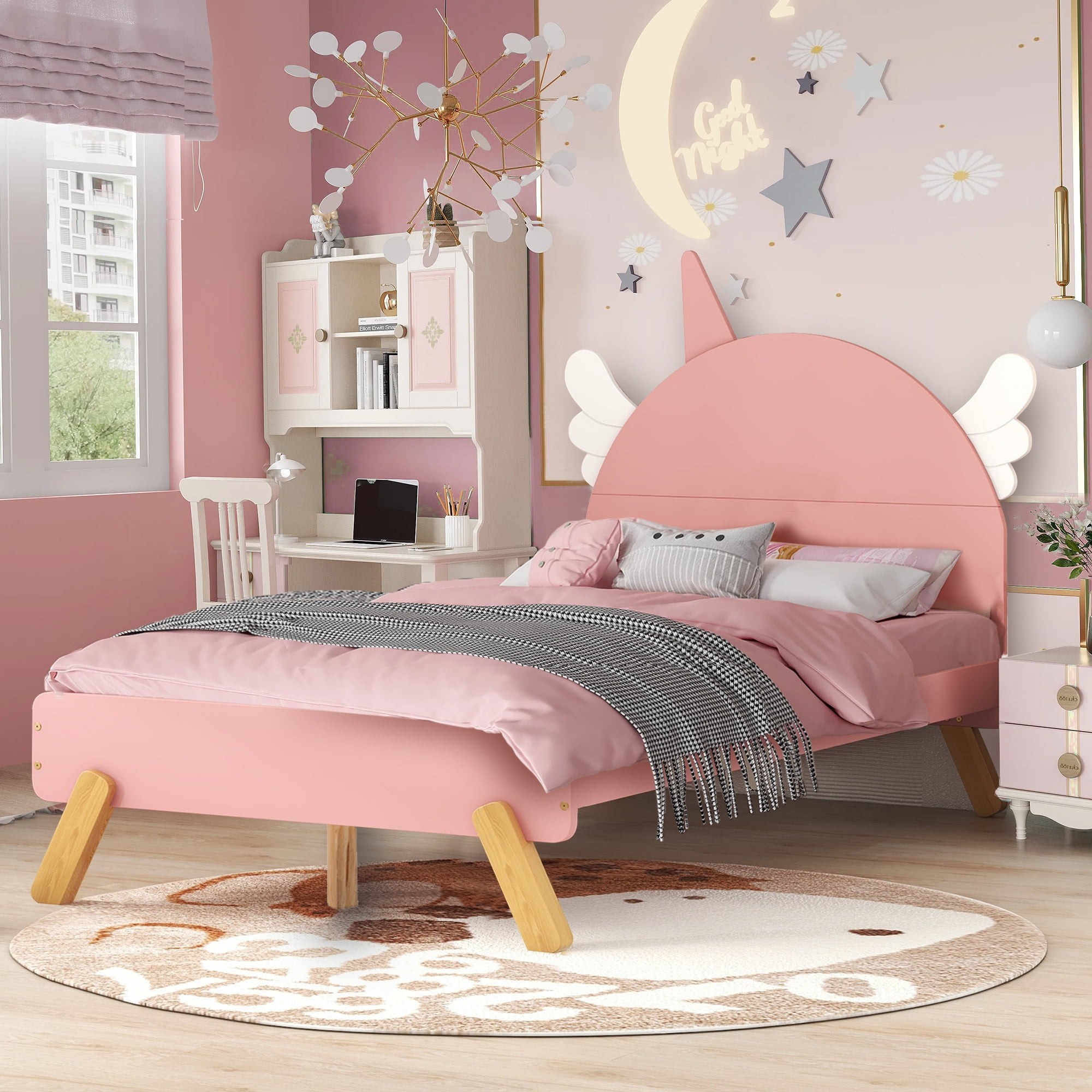 CASEMIOL Full Bed Frames with Headboard for Kids Girls Boys, Solid Wood Platform Bed Frame with