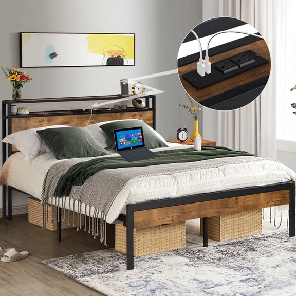 CASEMIOL Full Size Bed Frame with Storage Headboard Charging Station USB Port Outlet, Full Platform Bed Frame Wood for Adult Teen Bedroom Furniture, No Box Spring Need, No Noise, Easy Assembly, Brown