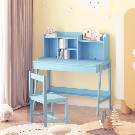 CASEMIOL Kids Desk with Chair, Study Desk and Chair Set with 3 Adjustment Heights, Kids Writing Table with Large Storage Space, Computer Desk with Cord Holes for Kids Boys Girls Small Space, Blue