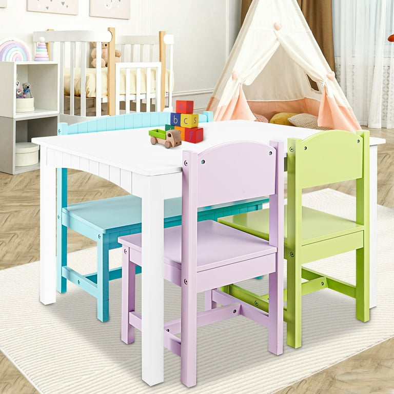 CASEMIOL Kids Table and Chairs Set 4 Piece Wooden Kids Desk and Chair Set Activity Table Set with Colorful Chairs for Toddler Non Toxic Finish