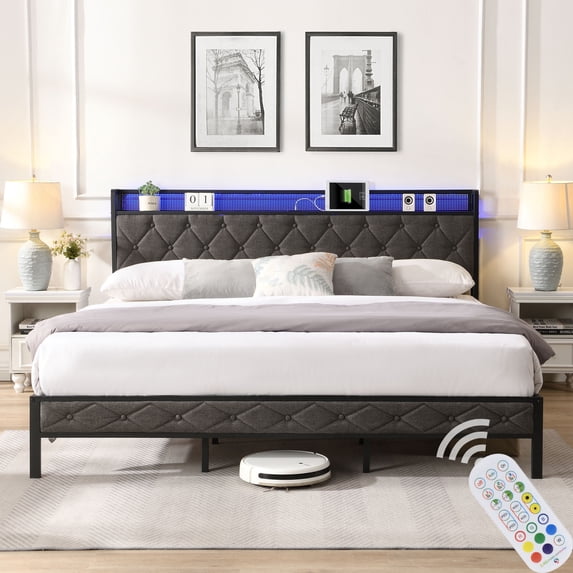 CASEMIOL King Bed Frame with Storage Headboard, Charging Station, and LED Lights, Noise-Free, No Box Spring Needed, 77.8"W Bedroom Modern Platform Bed Frame Holds 1300 Pounds- Gray