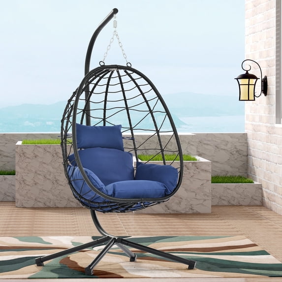 SESSLIFE Outdoor Indoor Egg Chair with Stand, Rattan Hangging Egg Chair with Thick Cushion and Headrest for Bedroom, Porch, Garden, Balcony, Patio, Blue