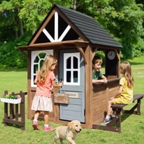 CASEMIOL Outdoor Playhouse for Kids, Wooden Playhouse Outside with Kitchen Playset, Snack Bar, Pet Access, Doorbell, Toy Phone, Large Outdoor Playset for Kids 3-6 Years, Brown Gray