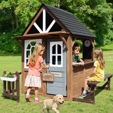 CASEMIOL Outdoor Playhouse for Kids, Wooden Playhouse Outside with Kitchen Playset, Snack Bar, Pet Access, Doorbell, Toy Phone, Large Outdoor Playset for Kids 3-6 Years, Brown+Gray
