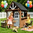 thumbnail image 1 of Conchico Outdoor Playhouse for Kids, Wooden Playhouse Outside with Kitchen Playset, Snack Bar, Pet Access, Doorbell, Toy Phone, Large Outdoor Playset for Kids 3-6 Years, Brown+Gray, 1 of 11