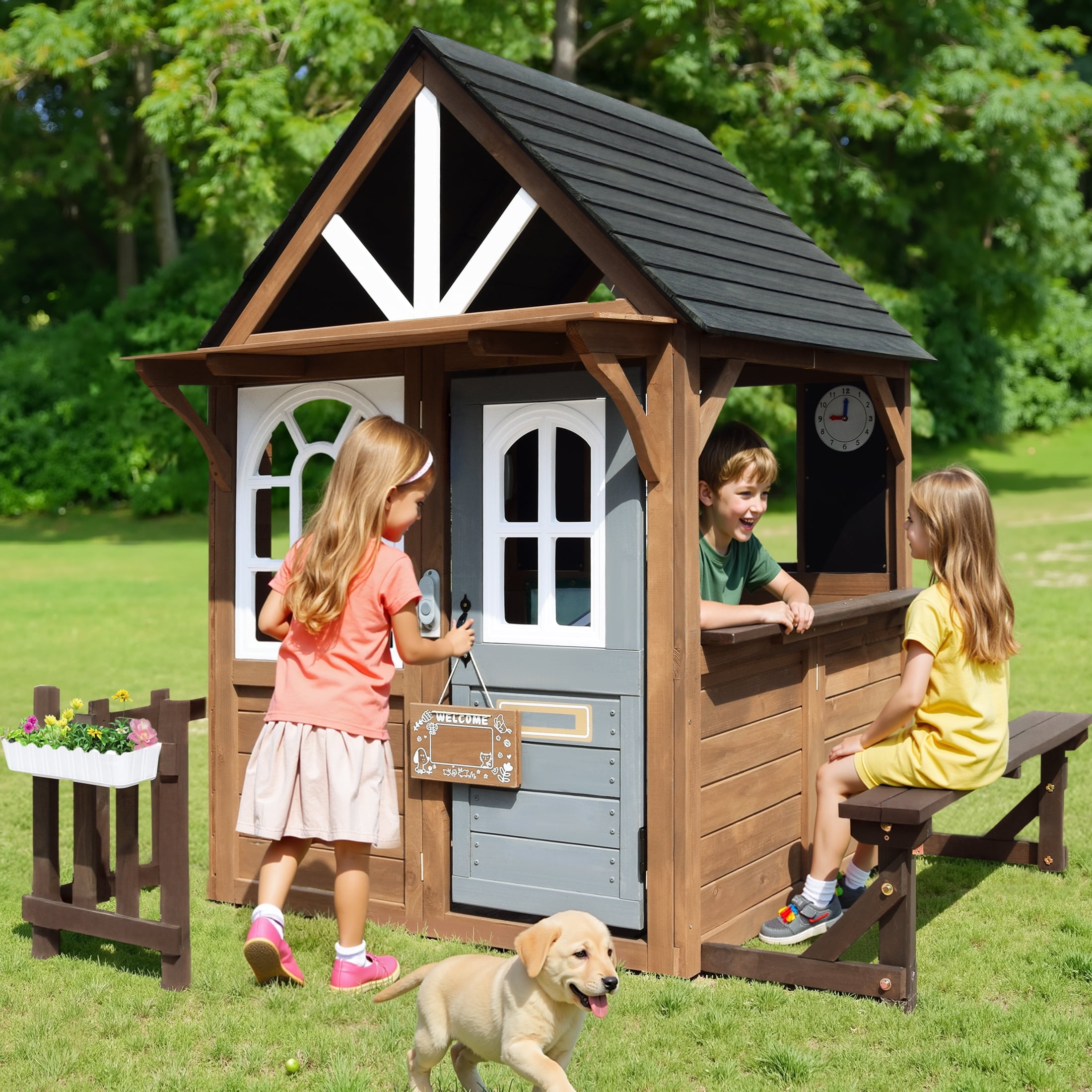 Outsunny Children's Indoor/Outdoor Backyard Cottage Playhouse - Technical View