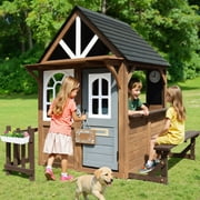 CASEMIOL Outdoor Playhouse for Kids, Wooden Playhouse Outside with Kitchen Playset, Snack Bar, Pet Access, Doorbell, Toy Phone, Large Outdoor Playset for Kids 3-6 Years, Brown+Gray
