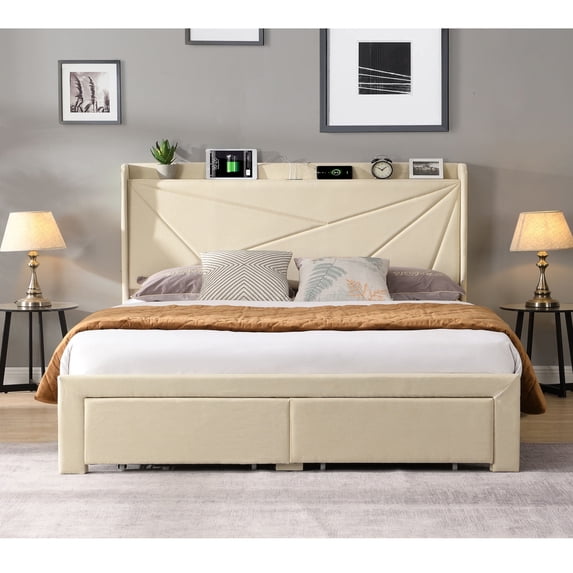 CASEMIOL Queen Bed Frame with Headboard, Platform Bed Frame with Storage and Charging Station, Noise-Free, No Box Spring Needed, 62.2"W Bedroom Modern Bed Frame Holds 1000 Pounds- Beige