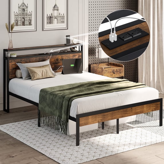 CASEMIOL Queen Bed Frame with Storage Headboard, Charging Station, USB Ports Outlets, Queen Platform Bed Frame Wood for Adult Teen Bedroom Furniture, No Box Spring Need, No Noise, Easy Assembly, Brown