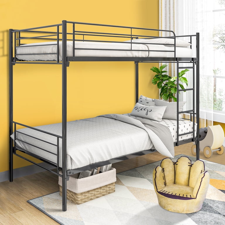 Twin Over Twin Metal Bunk Bed With Ladder – Convertible To 2 Singles, 400 Lb Capacity, Safety Guardrails (Black)