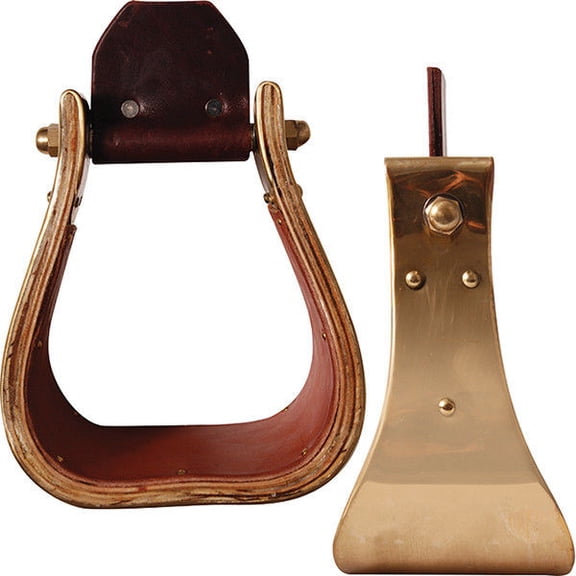Cashel Monel and Brass Bell-Bottom Western Horse Stirrups - Leather Lined Wood Core - Multiple Sizes
