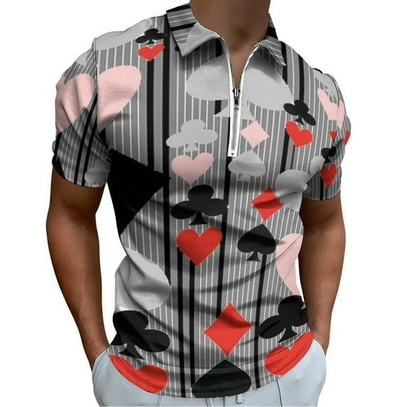 CASINO NIGHT'S CARD SUITES STRIPES GREY ART Men Zipper T-shirt Summer Casual Short Sleeve T-shirt Top