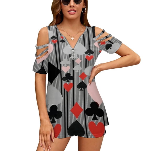 CASINO NIGHT'S CARD SUITES STRIPES GREY ART Womens Summer V Neck Zipper Top Short Sleeve T Shirt Off Shoulder Top Casual Classy Loose Shirts