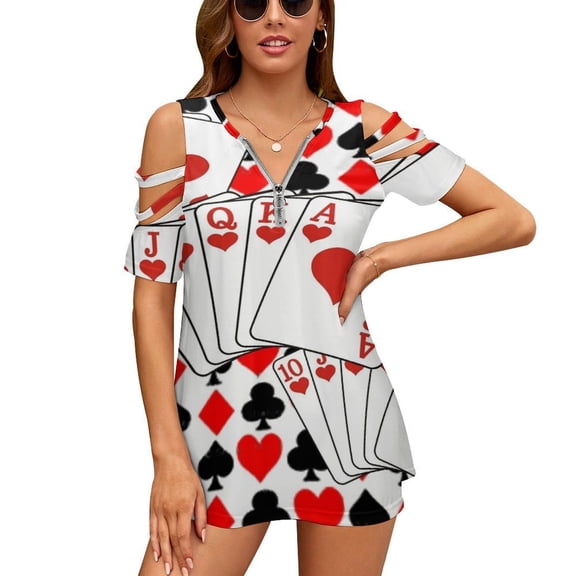 CASINO NIGHTS RED HEARTS FLUSH Womens Summer V Neck Zipper Top Short Sleeve T Shirt Off Shoulder Top Casual Classy Loose Shirts
