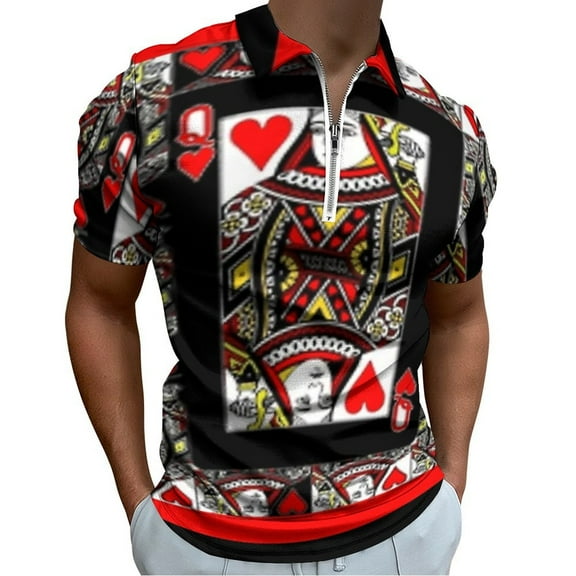 CASINO RED QUEEN OF HEARTS PATTERN RED-BLACK ART Men Zipper T-shirt Summer Casual Short Sleeve T-shirt Top