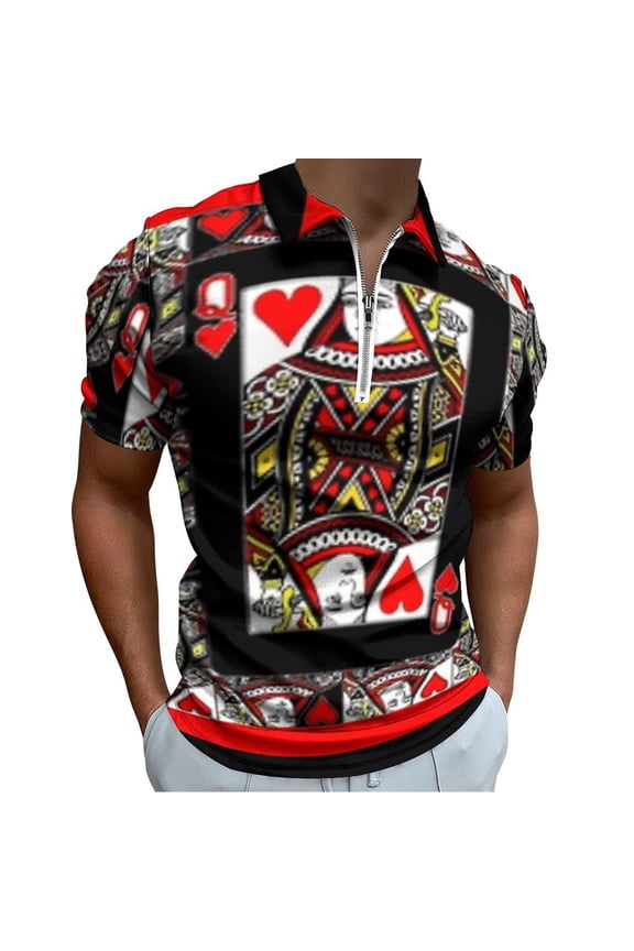 CASINO RED QUEEN OF HEARTS PATTERN RED-BLACK ART Men Zipper T-shirt Summer Casual Short Sleeve T-shirt Top