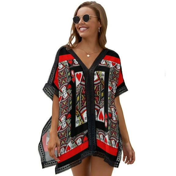 CASINO RED QUEEN OF HEARTS PATTERN RED-BLACK ART Women's Swimsuit Coverup Summer Beach Cover Up Bathing Suit Dress