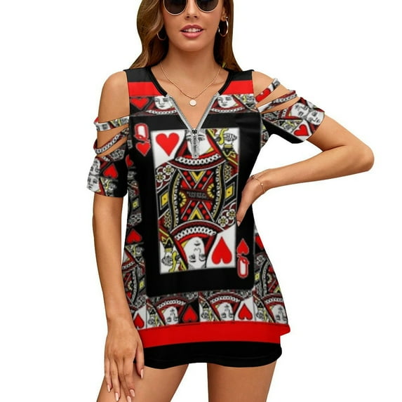 CASINO RED QUEEN OF HEARTS PATTERN RED-BLACK ART Womens Summer V Neck Zipper Top Short Sleeve T Shirt Off Shoulder Top Casual Classy Loose Shirts
