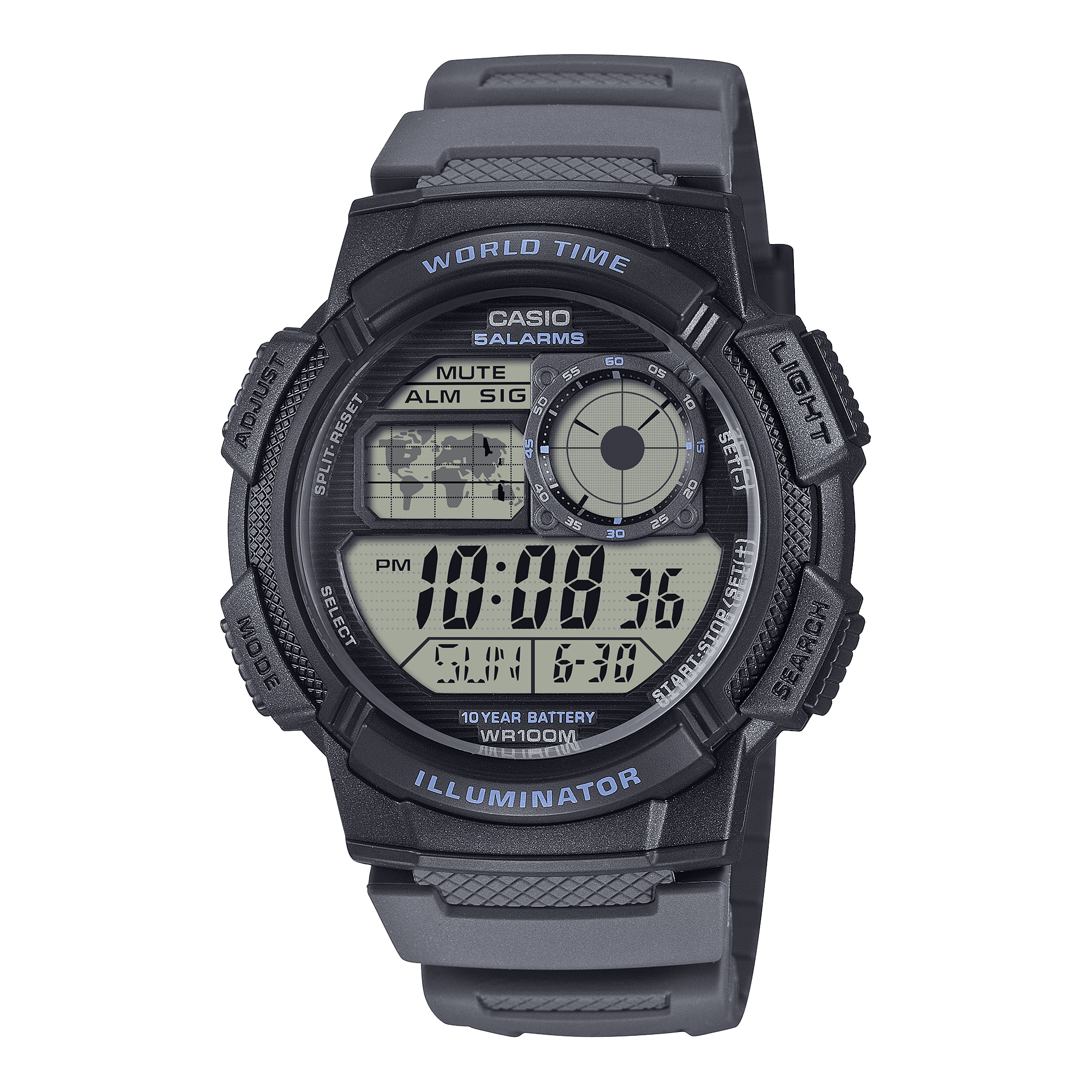 Casio Mens Digital Round Wristwatch Lc Analog 10-Yr Battery 100M Wr Led Light Stopwatch Gray