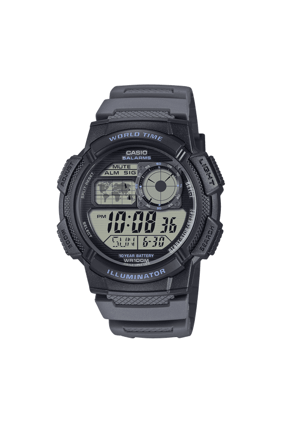 Mens Digital Round Wristwatch Lc Analog 10-Yr Battery 100M Wr Led Light Stopwatch Gray