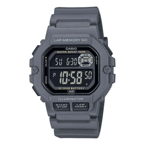 Mens Digital Wristwatch 10-Yr Battery 100M Wr Led Backlight Stopwatch Gray