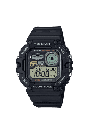 Mens Digital Wristwatch Tide/Moon Graph Display Fishing Timer 10-Yr Battery 100M Wr Led Backlight Stopwatch Risin Black