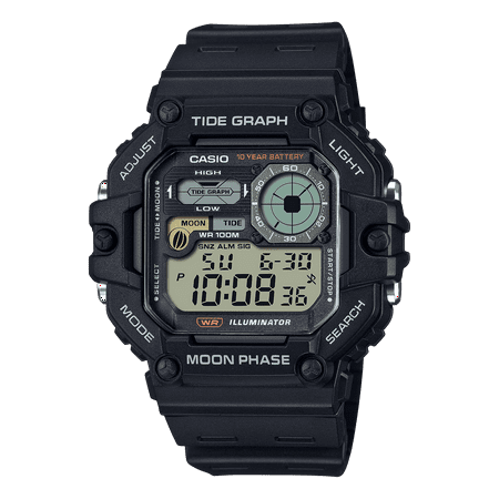 Casio Mens Digital Wristwatch Tide/Moon Graph Display Fishing Timer 10-Yr Battery 100M Wr Led Backlight Stopwatch Risin Black