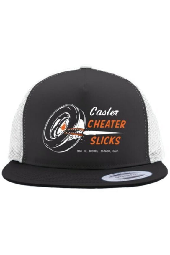 CASLER CHEATER SLICKS Flat Bill Truckers Hat Hot Rods Drag Racing