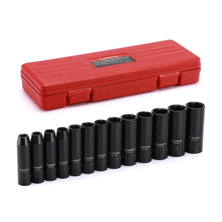 CASOMAM 13 Pieces 3/8-inch Drive Impact Socket Set, 6-Point, Metric, Deep, CR-V, 7mm to 19mm, Heavy Duty Blow Molded Storage Case