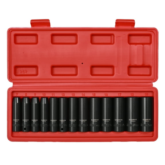 CASOMAM 13 Pieces 3/8-inch Drive Impact Socket Set, 6-Point, Metric, Deep, CR-V, 7mm to 19mm, Heavy Duty Blow Molded Storage Case