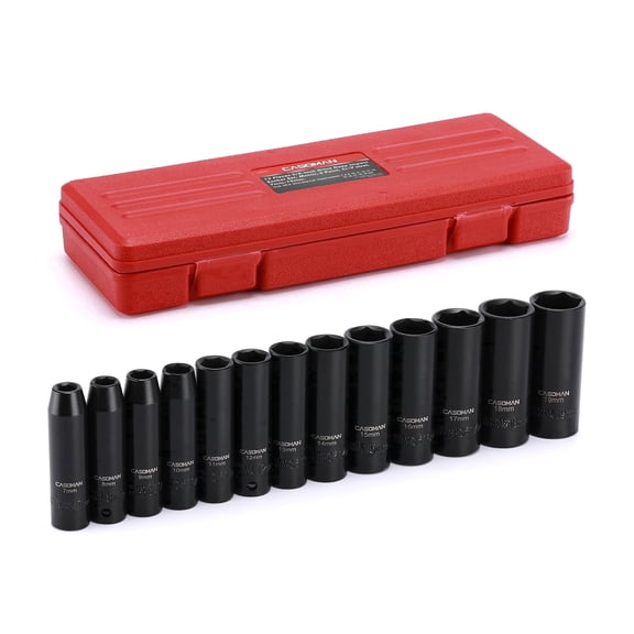 CASOMAN 13-Piece 3/8" Drive Deep Impact Socket Set, Metric, 6-Point, 7mm–19mm, CR-V, Blow Molded Case