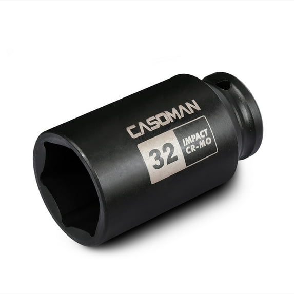 CASOMAN 1/2" Drive x 32 mm Deep 6 PT Impact Socket, Cr-Mo, 1/2-inch Drive 6 Point Axle Nut Socket for Easy Removal of Axle Shaft Nuts (32MM)