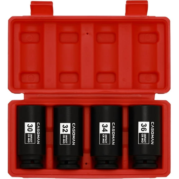 CASOMAN 1/2-inch Drive Deep Spindle Axle Nut Impact Socket Set,12 Point Metric, CR-MO, 30,32,34,36mm, 4-Piece 1/2" Heavy Duty Impact Socket Set