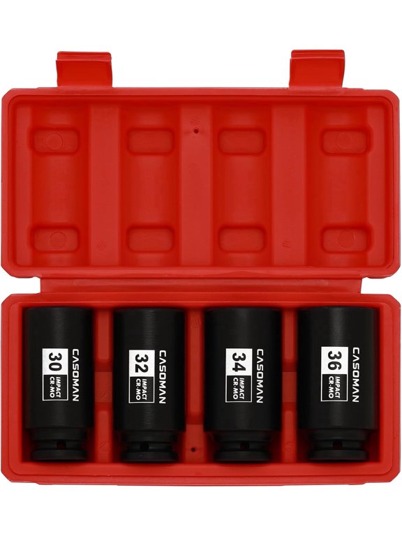 1/2-inch Drive Deep Spindle Axle Nut Impact Socket Set,12 Point Metric, CR-MO, 30,32,34,36mm, 4-Piece 1/2" Heavy Duty Impact Socket Set