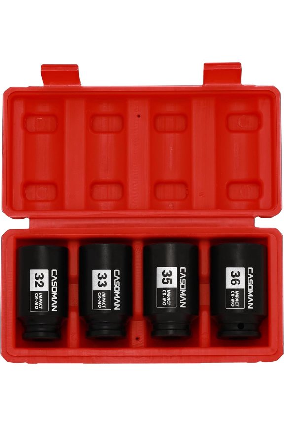 1/2-inch Drive Deep Spindle Axle Nut Impact Socket Set, 6 Point, Cr-Mo,32,33,35,36mm, 4Pcs 1/2 inch Impact Socket Set, Heavy Duty Use In Removing And Installing Axle Nuts
