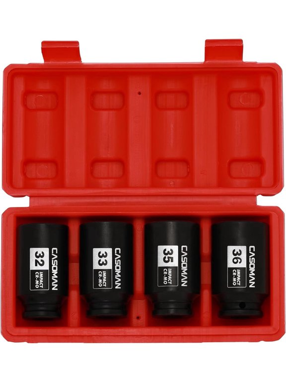 1/2-inch Drive Deep Spindle Axle Nut Impact Socket Set, 6 Point, Cr-Mo,32,33,35,36mm, 4Pcs 1/2 inch Impact Socket Set, Heavy Duty Use In Removing And Installing Axle Nuts