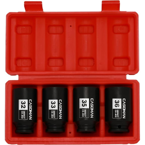 CASOMAN 1/2-inch Drive Deep Spindle Axle Nut Impact Socket Set, 6 Point, Cr-Mo,32,33,35,36mm, 4Pcs 1/2 inch Impact Socket Set, Heavy Duty Use In Removing And Installing Axle Nuts