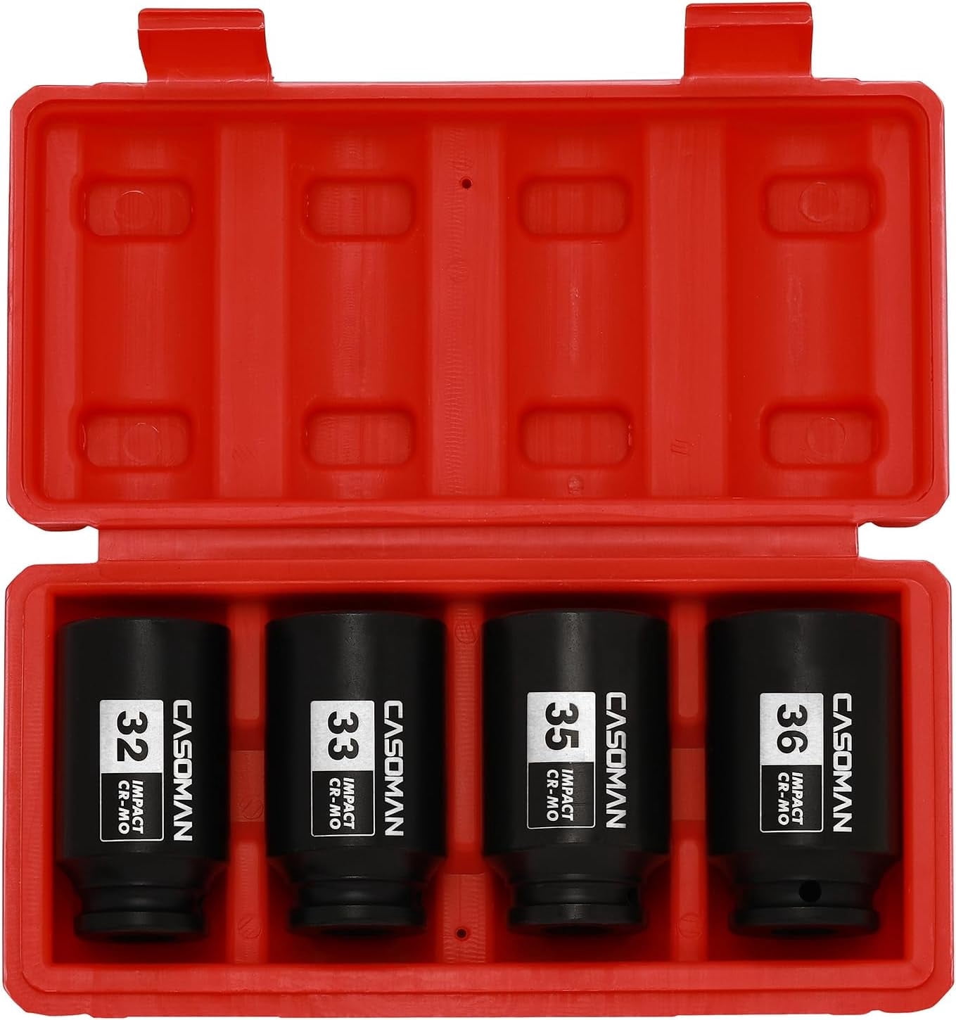 1/2-inch Drive Deep Spindle Axle Nut Impact Socket Set, 6 Point, Cr-Mo,32,33,35,36mm, 4Pcs 1/2 inch Impact Socket Set, Heavy Duty Use In Removing And Installing Axle Nuts
