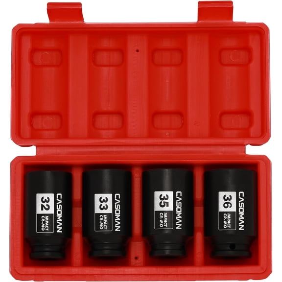 1/2-inch Drive Deep Spindle Axle Nut Impact Socket Set, 6 Point, Cr-Mo,32,33,35,36mm, 4Pcs 1/2 inch Impact Socket Set, Heavy Duty Use In Removing And Installing Axle Nuts