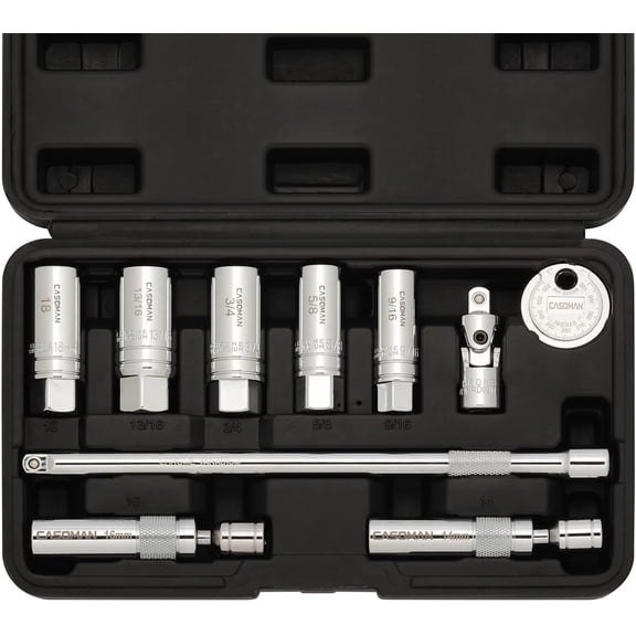 CASOMAN 10PCS 3/8"Drive Magnetic Spark Plug Socket Set, 6PT&12PT, Include Extension Bar, Universal Joint & Spark Plug Gapper, CR-V Steel