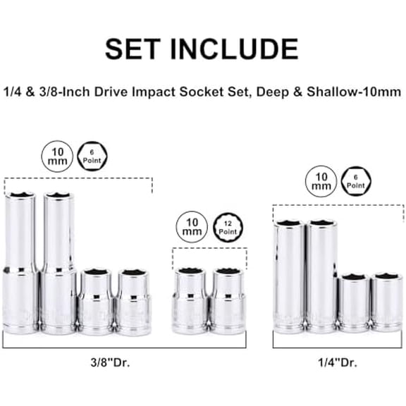 CASOMAN 10Piece Impact Socket Set, 1/4" & 3/8" Drive, Deep & Shallow, 10mm, Metric, Mirror Chrome Finish