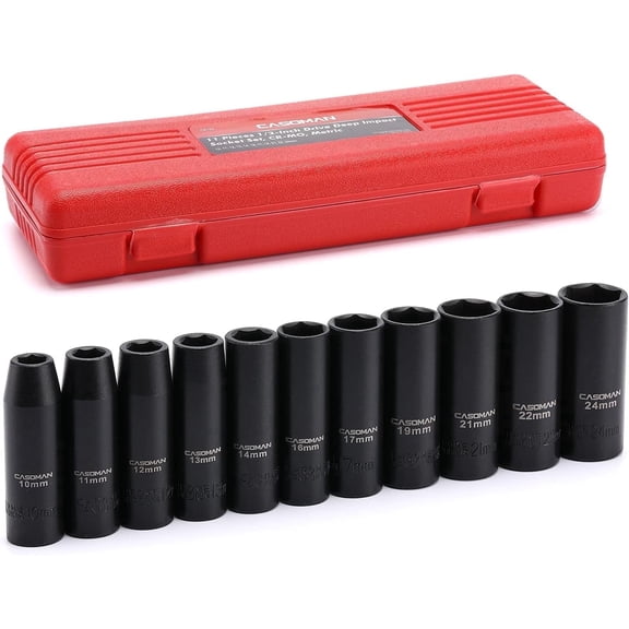 CASOMAN 11 Pieces 1/2-inch Drive Deep Impact Socket Set, 6-Point, Metric, 10mm to 24mm