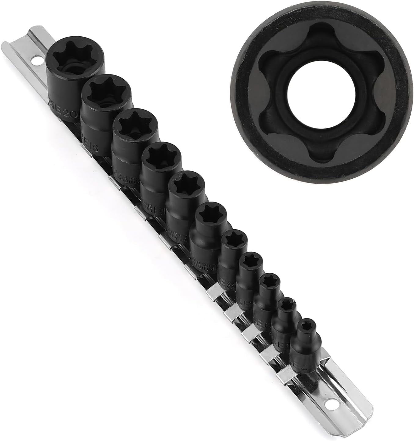 CASOMAN 11PCS Female Torx Socket Set, E Torx & Star Socket Set with Rail, E4 - E20 Torque Sockets